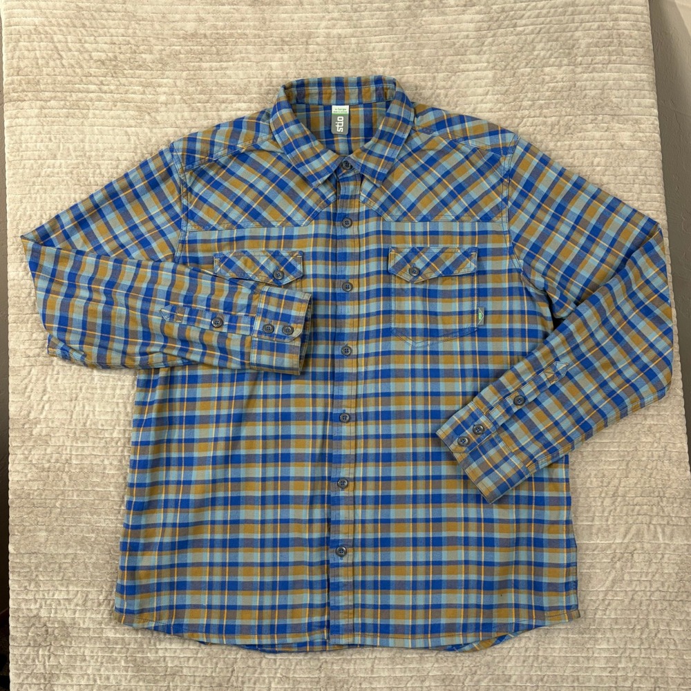 Stio Mens XL Blue Mustard Plaid Flannel Button Down Western Shirt 2210F19